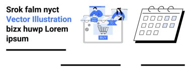 Alışveriş arabası sembollü bir tablette online işlem yapan iki kişi ve sağda bir takvim var. E-ticaret için ideal, çevrimiçi alışveriş, zamanlama, dijital pazarlama, planlama, zaman