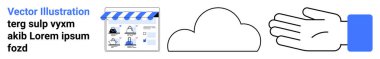 İstatistikli pazarlama aracı gösterge paneli, bulut depolama simgesi ve kullanıcı desteği ve rehberliği sembolize eden el. Çevrimiçi pazarlama, bulut hizmetleri, müşteri desteği, teknoloji entegrasyonu için ideal
