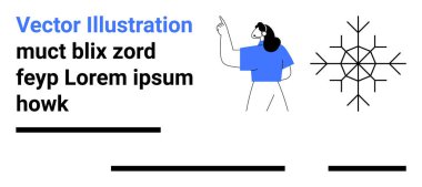 Sağı işaret eden kişi, geometrik yıldız sembolü, anlamsız kelimelerle dolu siyah metin, çizgiler. Sunumlar, web siteleri, eğitim materyalleri, bilgi grafikleri, pazarlama, sosyal medya ve grafik için ideal