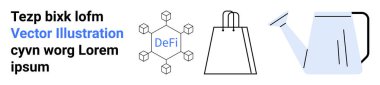 Blockchain DeFi diyagramı, alışveriş torbası ve sulama kutusu elementleri. E-ticaret, finans teknolojisi, engelleme zinciri, bahçıvanlık, çevrimiçi alışveriş dijital güvenliği ve büyüme temaları için ideal. İniş sayfası