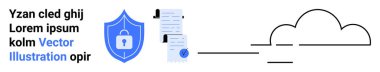 Kilitli kalkan, kontrol listeli üç belge ve bağlantı hattı olan bulut güvenli veri transferi anlamına geliyor. Teknoloji, bilişim güvenliği, bulut bilgisayarı, veri yönetimi, çevrimiçi mahremiyet, iş için ideal