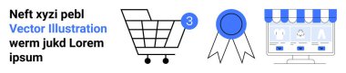 Üç ürünlü alışveriş arabası, ödül rozeti ve üç ürünle çevrimiçi mağaza arayüzü. E-ticaret, çevrimiçi alışveriş, dijital pazarlama, perakende satış, müşteri ilişkileri, ürün listeleme, satış için ideal