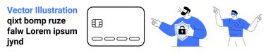 Güvenlik ve korumayı temsil eden, üzerinde kilit sembolü olan bir kredi kartını işaret eden iki kişi. Çevrimiçi işlemler, siber güvenlik, veri koruması, mahremiyet, güvenli ödemeler, şifreleme için ideal