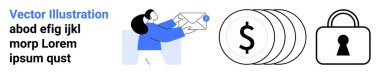 Mavili kadın bir zarf alıyor, dolar işaretli bozuk paralar ve kilit simgesi. Finans, güvenlik, iletişim, e-posta, dijital işlemler için ideal internet hizmetleri. İniş sayfası