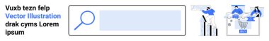 Büyüteç simgesi ve veri analizi, online alışveriş ve iş büyümesi içeren arama çubuğu. Dijital pazarlama, e-ticaret, SEO stratejileri ve piyasa araştırmaları için ideal