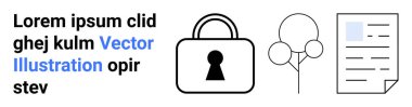 Anahtar deliği, ağaç diyagramı ve belge ana hatlarıyla simgeyi kilitle. Maviyle vurgulanmış vektör illüstrasyonlu metin. Çevrimiçi güvenlik, veri koruması, mahremiyet, belge yönetimi, siber güvenlik için ideal