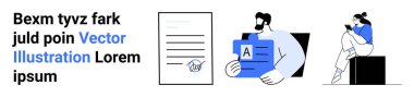 Metin bloğu, belge simgesi, pano okuyan adam, tablet okuyan kadın. İş için ideal, belgeler, profesyonel iletişim, bilgi paylaşımı okuyan takım çalışması dijital cihazlar. İniş
