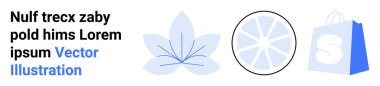 Siyah ve mavi bir metin, mavi bir çiçek, mavi bölümlü siyah bir çember, ve S sembollü mavi bir alışveriş çantası. Markalaşma, grafik tasarımı, e-ticaret, çiçek temaları ve vektör için ideal