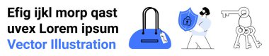 Metin bloğu, asma kilitli çanta, koruyucu kalkan tutan kişi ve büyük anahtarlar. Siber güvenlik, veri koruması, erişim kontrolü, gizlilik, kimlik denetimi için ideal