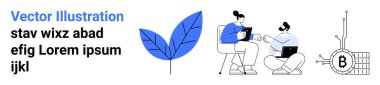 Tabletler ve dizüstü bilgisayarlar, mavi yaprak, bitcoin sembolü, metin blokları olan iş arkadaşları. İş dünyası, takım çalışması, teknoloji, finans, kripto para birimi, çevre temaları, dijital pazarlama için ideal