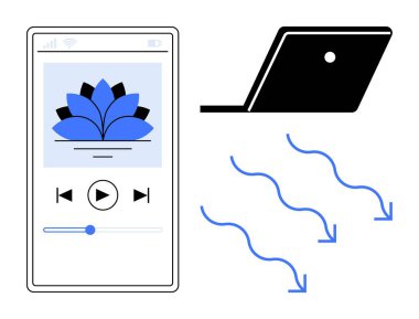 Portable music player displaying a meditative lotus flower. Adjacent, a laptop emitting flowing energy waves. Ideal for relaxation, meditation, technology, digital experience, music therapy clipart