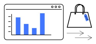 Ekrandaki çubuk grafiği, fiyat etiketli alışveriş çantasının yanında yükselen veri ölçümlerini gösteriyor. İş analizleri, çevrimiçi satışlar, pazar eğilimleri, finansal tahminler, e-ticaret büyümesi, stratejik büyüme için ideal