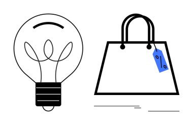 Ampul, ticaret ve tüketimi simgeleyen fiyat etiketli bir alışveriş çantasının yanında fikirleri ve yeniliği de simgeler. Ticari büyüme, yaratıcılık, pazarlama stratejileri ve yenilik için ideal