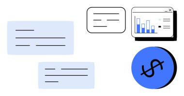 Diyalog kutuları, vitrindeki çizelge çizelgesi, soyut dolar işareti. İş analizleri, mali raporlar, iletişim, veri görselleştirme, ekonomik analiz, bütçe araçları parasal
