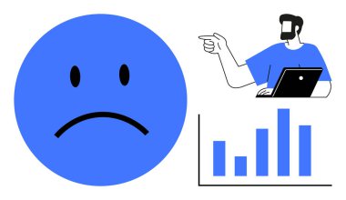Üzgün yüz düşüşü gösteriyor, dizüstü bilgisayarlı adam performansı gösteren tabloyu inceliyor. İş analizi, performans değerlendirmesi, başarısızlık, strateji planlaması, ekonomik kriz için ideal