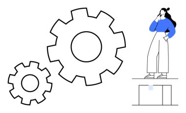 Elleri çenesinde birbirine kenetlenmiş iki dişlinin yanında duran düşünce ve mekaniği aktaran bir kadın. Konseptler için ideal başparmak takım çalışması, süreç optimizasyonu, teknik gelişme, kritik