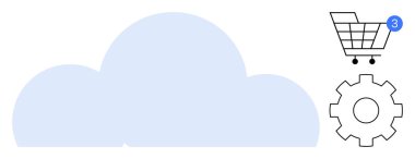 Alışveriş arabalı mavi bulut 3 öğe ve çark konfigürasyon ayarlarını simgeliyor. E-ticaret, bulut teknolojisi, dijital alışverişler, online alışveriş, web uygulamaları, bulut hesaplama için ideal