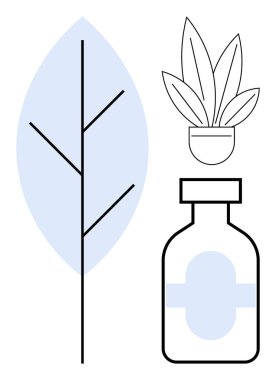 Büyük açık mavi yaprak, saksı bitkisi taslağı ve etiketli damlalık şişesi doğal ürünler, sağlık ve sağlık hizmetleri temaları olduğunu gösteriyor. Organik, botanik, alternatif tıp, bitkisel