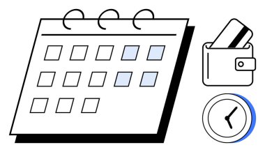 Vurgulanmış tarihli takvim, kredi kartlı cüzdan ve zamanı ve mali yönetimi vurgulayan saat. Program, bütçe, mali planlama, zaman izleme ve iş stratejisi için ideal