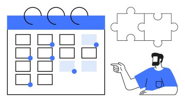 Ofis çalışanı, üzerinde iki yapboz parçası bulunan noktalarla işaretlenmiş takvimi işaret ediyor. Zamanlama, proje yönetimi, teslim tarihleri, takım çalışması, planlama, organizasyon zamanı yönetimi için ideal. Bir