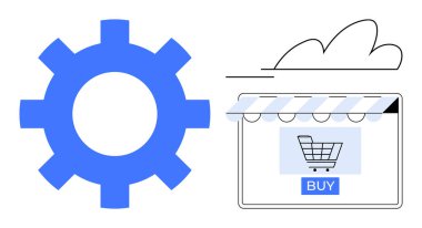 Bir alışveriş arabası ikonu ve Buy düğmesi olan online bir mağazanın önünde, bulutun altında. Temalar için ideal e-ticaret, bulut hesaplaması, sistem optimizasyonu, çevrimiçi alışveriş, teknoloji