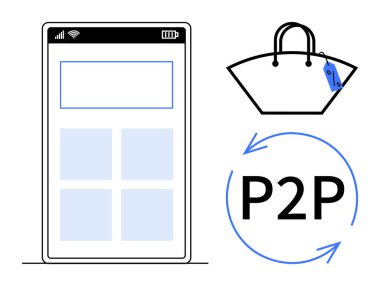 eCommerce uygulamalı akıllı telefon, fiyat etiketli el çantası, P2P ve dairesel oklar. Çevrimiçi pazar yeri, mobil alışveriş, eşler arası satışlar, dijital ödemeler, moda perakendecisi, İnternet ticareti için ideal