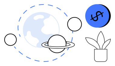 Dünya, gezegenler, yörünge çizgileri, mavi dolar madeni para, saksı bitkisi ekoloji, ekonomi ve kozmik sinerjinin birliğini yakalar. Sürdürülebilirlik ve büyüme finansmanı için ideal uyum