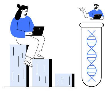 Bilgisayarlı başka bir araştırmacı test tüpündeki büyük DNA sarmalını işaret ederken iş arkadaşı bar grafiğinde dizüstü bilgisayarı kullanıyor. Takım çalışması, araştırma, veri analizi, genetik, işbirliği, biyoenformatik için ideal