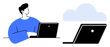 Bir dizüstü bilgisayar üzerinde çalışan kişi, bulut simgesi bulut hesaplama veya depolama öneriyor. Uzak çalışma, çevrimiçi işbirliği, dijital teknoloji, bulut hizmetleri, internet güvenliği, veri yönetimi, teknoloji için ideal