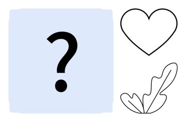 A black question mark inside a blue square, adjacent to line art of a heart and a leaf. Ideal for themes of curiosity, love, nature, uncertainty, questioning, abstract thinking, modern design clipart