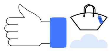 Satış etiketi ve bulut şeklinde işaretlenmiş bir alışveriş çantasının yanında el hareketi var. E-ticaret, çevrimiçi alışveriş, dijital işlemler, bulut depolama, olumlu geri bildirim, müşteri