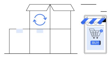 Çevrimiçi alışveriş arabasını gösteren akıllı telefon ekranının yanına istiflenmiş nakliye kutuları. E-ticaret, nakliye, teknoloji, lojistik ve perakende için ideal. Basit, modern, minimal stil