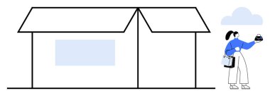 Mavi gömlekli kadın bir penceresi minimalist bir evin yanında paketini tutuyor, diğer elinde alışveriş torbaları var. Arka planda bulut var. Teslimat hizmetleri, ev teslimatı, ecommerce, online için ideal