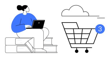 Dizüstü bilgisayarda çalışan bir kadın, bildirim ve bulut simgeleriyle çevrimiçi bir alışveriş arabasının yanında, istiflenmiş kitapların üzerinde oturuyor. E-ticaret, çevrimiçi öğrenme, teknoloji ve uzak çalışma için ideal