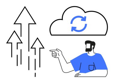 İlerlemeyi gösteren yukarı bakan üç ok ve senkronize işareti olan bir bulut simgesi. İş büyümesi, teknoloji, veri senkronizasyonu, ilerleme takibi, bulut