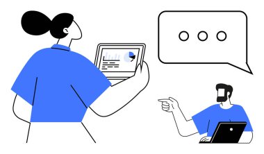 İki meslektaş etkileşime girer, biri grafiğini gösteren bir tablet tutarken, diğeri bir konuşma baloncuğuna doğru hareket eder. Takım çalışması, işbirliği, veri analizi, iş iletişimi için ideal