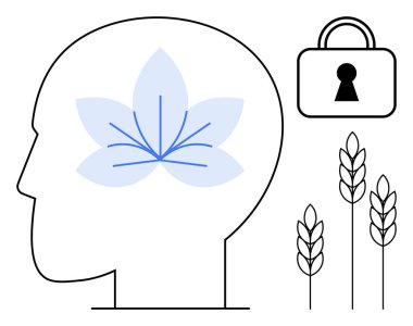 İnsan profili. Beynin içinde şeffaf çiçek, kilit sembolü ve buğday sapı var. Ruh sağlığı, güvenlik, doğa, büyüme, öğrenme, farkındalık ve tarım konuları için idealdir. Çizgi