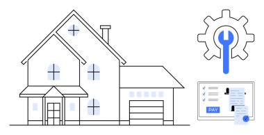 Ev illüstrasyonu, ingiliz anahtarlı teçhizat onarımı sembolize ediyor, ödeme ekranı ise makbuzlu. Ev sahipliği, bakım, emlak, çevrimiçi ödemeler, mülk yönetimi, yenileme hizmeti için ideal
