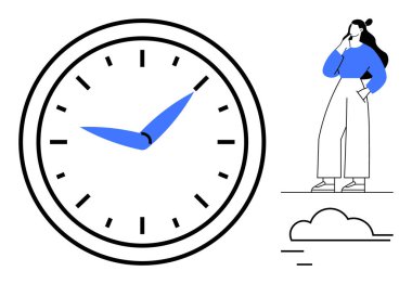 Clock with blue hands and black marks next to a thoughtful businesswoman. Ideal for time management, deadlines, productivity, punctuality, business planning, decision-making, and personal reflection clipart