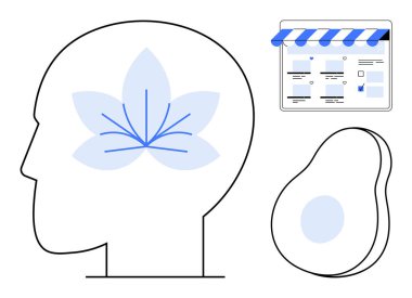 Çiçek desenli insan kafası farkındalığı sembolize eder, mavi vitrinle web sayfası arayüzü, açık mavi noktalı avokado şekli. Akıl sağlığı, e-ticaret, farkındalık, doğa ve refah için ideal