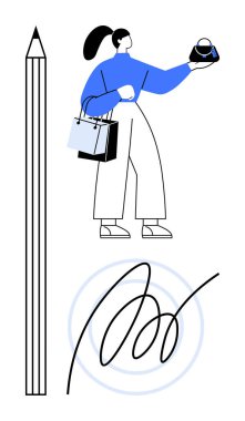 Woman holding a stopwatch and shopping bags, adjacent to a pencil and a swirling signature line drawing. Ideal for time management, shopping, creativity, design, organization, productivity, abstract clipart