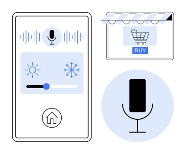 Akıllı telefon arayüzü ses komutu, online alışveriş ve ev klima kontrol özellikleri. Akıllı ev, otomasyon, ses tanıma, online alışveriş, teknoloji yeniliği için ideal