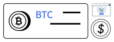 Bitcoin ve Dolar sembolleri de dahil olmak üzere dijital para birimi simgeleri, satın alma etiketli bir alışveriş arabasıyla bir işlem arayüzü gösteriyorlar. E-ticaret, fintech, dijital ödemeler, online alışveriş için ideal