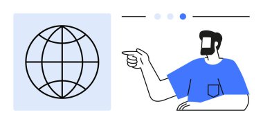 Globe with black equator lines. Man in blue shirt pointing at globe. Ideal for globalization, communication, network growth, education, travel, language learning multiculturalism. Abstract line flat clipart