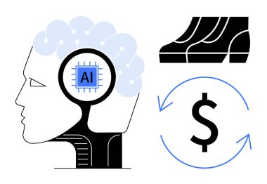 Yapay zeka çipli insan beyni, yapay zekanın gelişimini, ilerleme için gelecekteki adımları, ekonomik etkiyi temsil eden dairesel okun geri dönüşümündeki doları sembolize eder. Yapay zeka ve teknoloji için ideal.