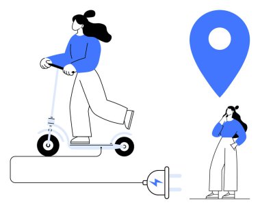 Elektrikli scooter kullanan bir kadın, şarj prizi, büyük bir lokasyon pimi, kadın düşüncesi. Kentsel ulaşım, navigasyon, çevre dostu seyahat, teknoloji entegrasyonu, konum tabanlı hizmetler için ideal modern