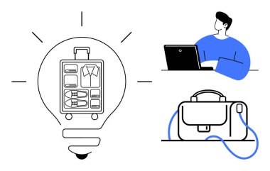 Gezginlerin bavulları bir ampul ikonu içinde, dizüstü bilgisayarda çalışan kişi, şık bir evrak çantası. Seyahat planlama, iş hayatı, yenilik, tasarım düşünme, üretkenlik, teknoloji anlayışı için ideal