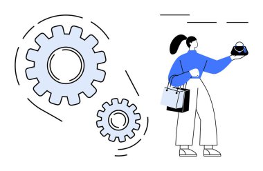 Alışveriş torbaları ve çanta taşıyan bir kadın stilize edilmiş vitesler süreci ve verimliliği öneriyor. İş, verimlilik, tüketici davranışı, perakende satış, moda pazarlama geliştirme kavramları için idealdir. Soyut