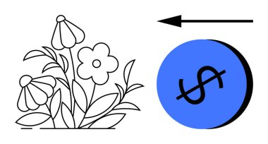 Simplistic line drawing of flowers beside a blue dollar coin and an arrow. Ideal for finance, sustainability, environment, balance, economy, growth, nature and conservation. Abstract line flat clipart