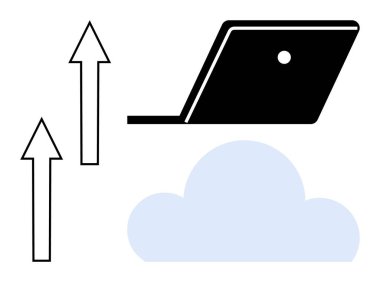 Laptop, yukarı doğru oklar ve bulut. Bulut bilgisayarı, veri transferi, teknoloji, dijital depolama, çevrimiçi hizmetler internet bağlantı yazılımı çözümleri için ideal. Soyut çizgi düz metafor
